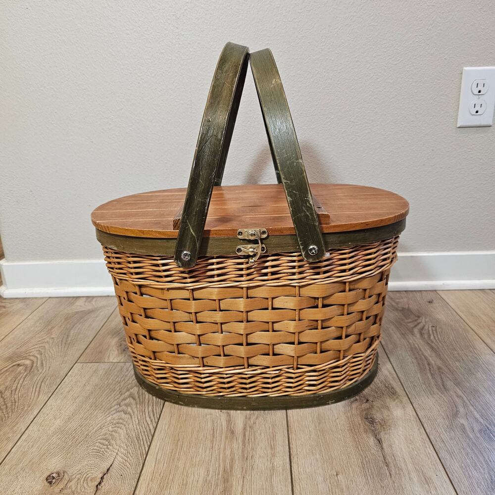 Vintage Wicker Picnic Basket with Wooden Top